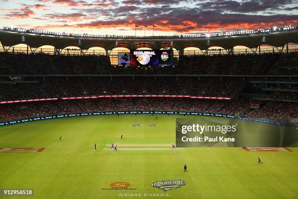 General view of play during the Big Bash League Semi Final match between the Perth Scorchers and the Hobart Hurricanes at Optus Stadium on February...