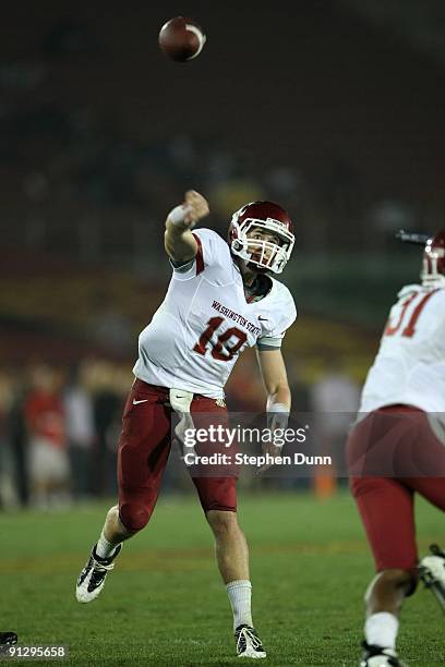 Quarterback Jeff Tuel of the Washington State Cougars throws a pass against the USC Trojans on September 23, 2009 at the Los Angeles Coliseum in Los...