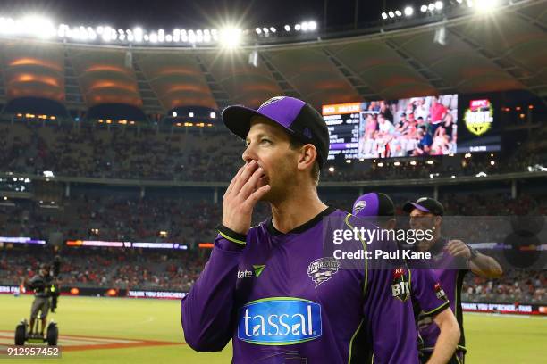 Tim Paine of the Hurricanes looks on after winning the Big Bash League Semi Final match between the Perth Scorchers and the Hobart Hurricanes at...