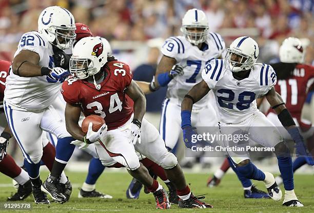 Runningback Tim Hightower of the Arizona Cardinals rushes the ball past Marlin Jackson the Indianapolis Colts during the NFL game at the Universtity...