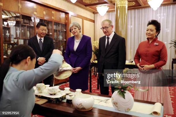 From left to right, Xi Jinping, China's president, Theresa May, U.K. Prime minister, Philip May, husband of U.K. Prime Minister Theresa May, and Peng...