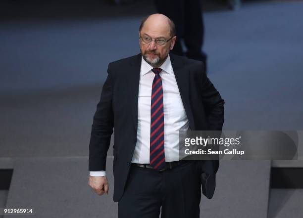 Martin Schulz, head of the German Social Democrats , attends debates at the Bundestag over a proposal concerning the rights of refugees who have been...