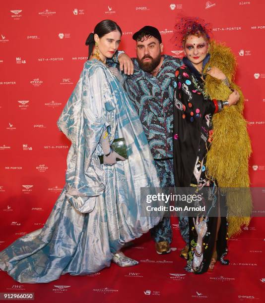 Anna Plunkett, Luke Sales and Catherine Barber attend the inaugural Museum of Applied Arts and Sciences Centre for Fashion Bal at Powerhouse Museum...