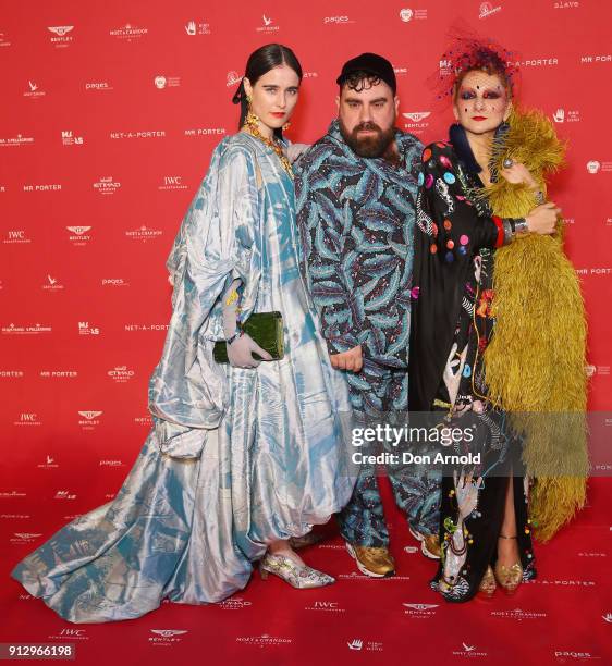 Anna Plunkett, Luke Sales and Catherine Barber attend the inaugural Museum of Applied Arts and Sciences Centre for Fashion Bal at Powerhouse Museum...