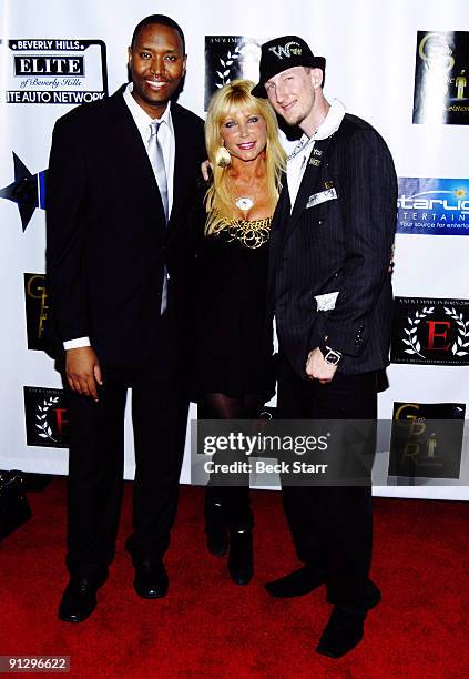 Devon Guzzie, Pamela Bach-Hasselhoff and guest arrive at Publicist Devon Guzzie's Birthday Party at Empire Nightclub on September 25, 2009 in...