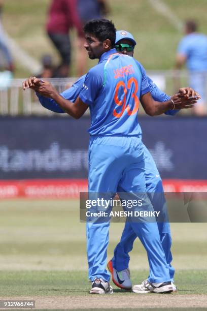India's Jasprit Bumrah celebrates a wicket during the first One Day International cricket match between South Africa and India at Kingsmead cricket...