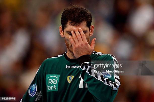 Henning Fritz of Rhein-Neckar Loewen reacts during the Bundesliga match between Rhein-Neckar Loewen and TV Grosswallstadt at the SAP Arena on...