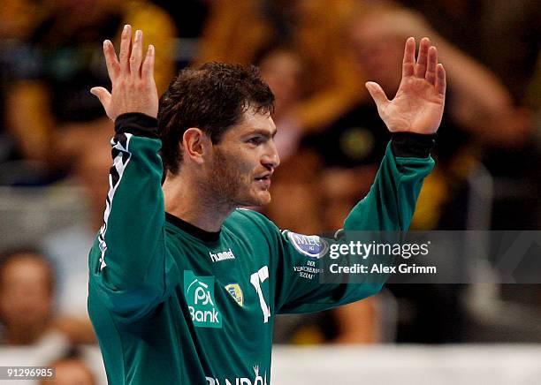 Henning Fritz of Rhein-Neckar Loewen reacts during the Bundesliga match between Rhein-Neckar Loewen and TV Grosswallstadt at the SAP Arena on...