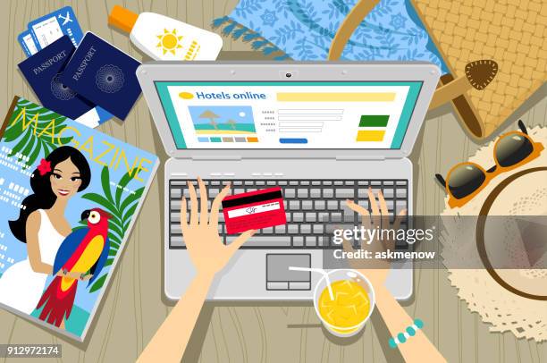 stockillustraties, clipart, cartoons en iconen met online een hotel boeken - online shopping