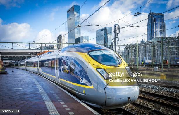 The Eurostar train arrives at Rotterdam Central Station, on February 1, 2018. - Train manufacturer Siemens and Dutch train company NS are conducting...