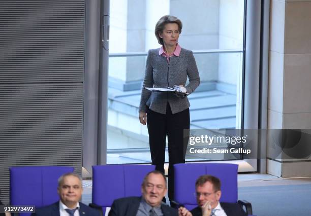 German Defense Minister Ursula von der Leyen attends debates at the Bundestag over a proposal concerning the rights of refugees who have been granted...