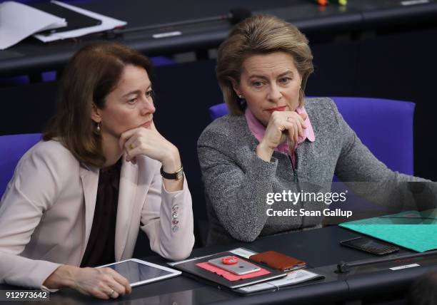 German Family Minister Katarina Barley and Defense Minister Ursula von der Leyen attend debates at the Bundestag over a proposal concerning the...