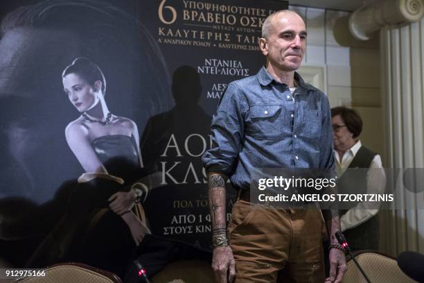 Oscar winning actor Daniel Day-Lewis arrives for a press conference for the premiere of his new film "Phantom Thread" in Athens on February 1, 2018....