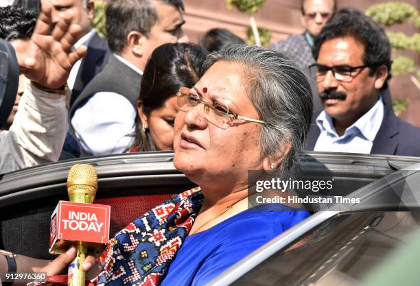 Union Finance Minister, Arun Jaitley's Wife Sangeeta Jaitley talking with media person after Parliament Budget 2018-19 session at Parliament House on...