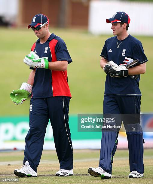 England wicket keeper Matt Prior and Steven Davies takes part in a nets session at Supersport Park on October 1, 2009 in Centurion, South Africa.