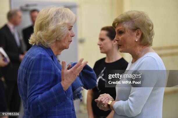 Camilla, Duchess of Cornwall speaks with Angela Rippon as she visits the Royal Academy of Dance to meet students and staff and learn about the Silver...