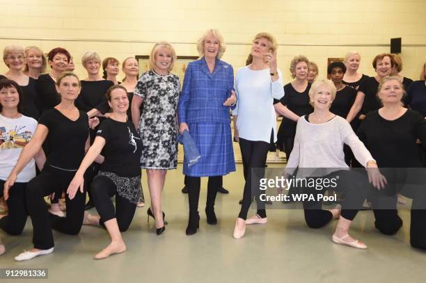 Camilla, Duchess of Cornwall with Elaine Paige and Angela Rippon as she visits the Royal Academy of Dance to meet students and staff and learn about...
