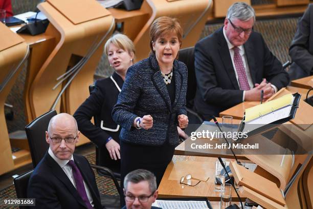 First Minister of Scotland Nicola Sturgeon answers questions during first minister's questions in the Scottish Parliament on February 1, 2018 in...