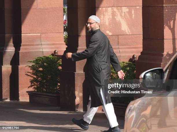Asaduddin Owaisi at Parliament House on February 1, 2018 in New Delhi, India. Agriculture got prime attention in the Union Budget 2018 presented by...