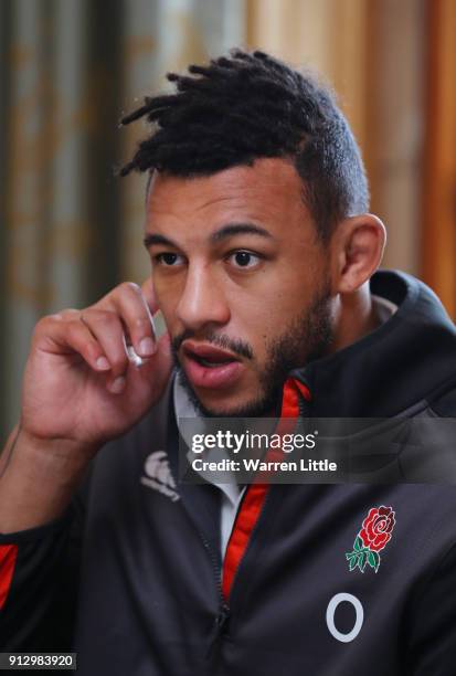 Courtney Lawes of England speaks to the Press during Media Access at Pennyhill Park on February 1, 2018 in Bagshot, England.