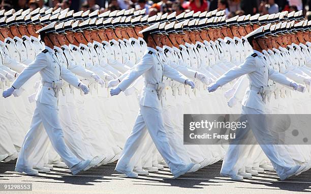 Chinese People's Liberation Army sailors march pass Tiananmen Square during the celebration of the 60th anniversary of the founding of the People's...