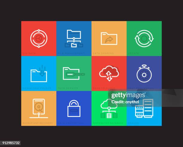 data organization and management linear icons set - resource library stock illustrations