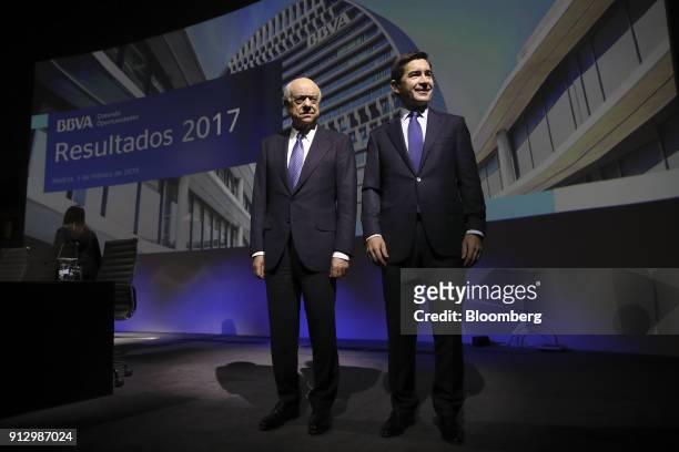 Francisco Gonzalez, chairman of Banco Bilbao Vizcaya Argentaria SA , left, and Carlos Torres, chief executive officer of Banco Bilbao Vizcaya...