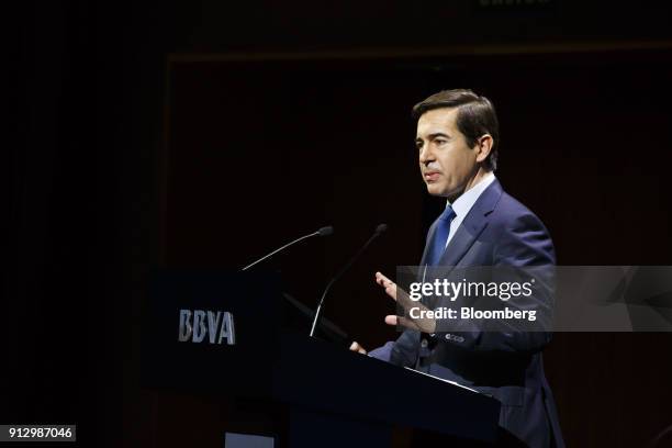 Carlos Torres, chief executive officer of Banco Bilbao Vizcaya Argentaria SA , speaks during a news conference to announce the bank's fourth quarter...