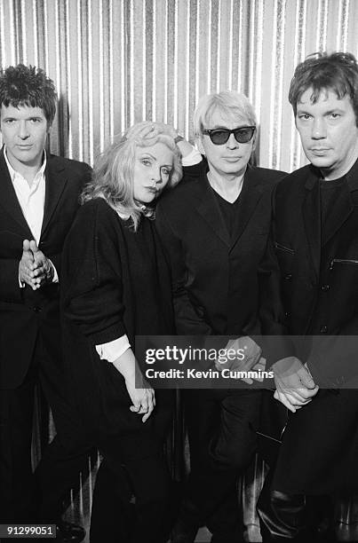 American new wave band Blondie, circa 1995. From left to right, they are drummer Clem Burke, singer Debbie Harry, guitarist Chris Stein and keyboard...