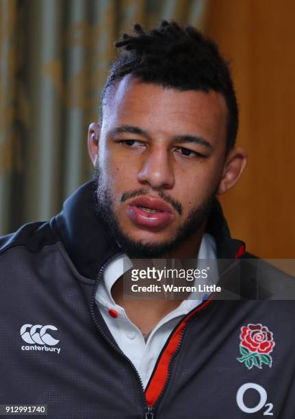Courtney Lawes of England speaks to the Press during Media Access at Pennyhill Park on February 1, 2018 in Bagshot, England.