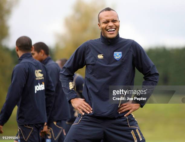 Portsmouth FC's Younes Kaboul smiles during a training session at their Eastleigh training ground, October 1, 2009 in Eastleigh, England.