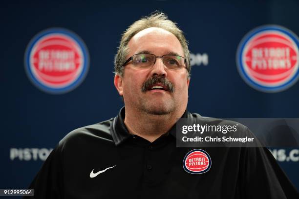 Stan Van Gundy, head coach of the Detroit Pistons, helps introduce new players to the team during a press conference on January 31, 2018 at The...