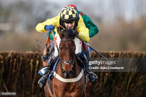 Tom Scudamore riding Valhalla clear the last to win The Direct Group Steeple Chase at Wincanton racecourse on February 1, 2018 in Wincanton, England.