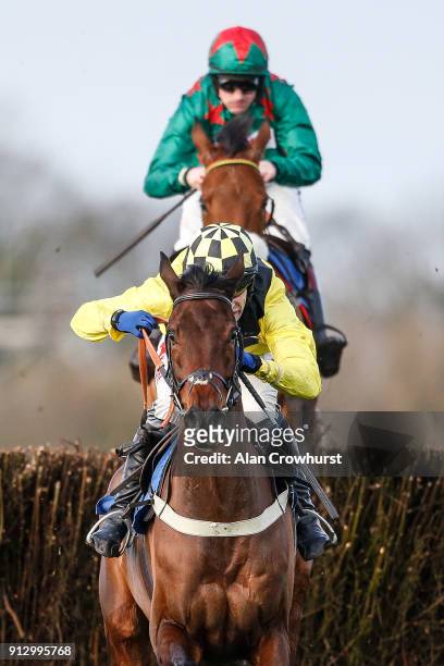 Tom Scudamore riding Valhalla clear the last to win The Direct Group Steeple Chase at Wincanton racecourse on February 1, 2018 in Wincanton, England.