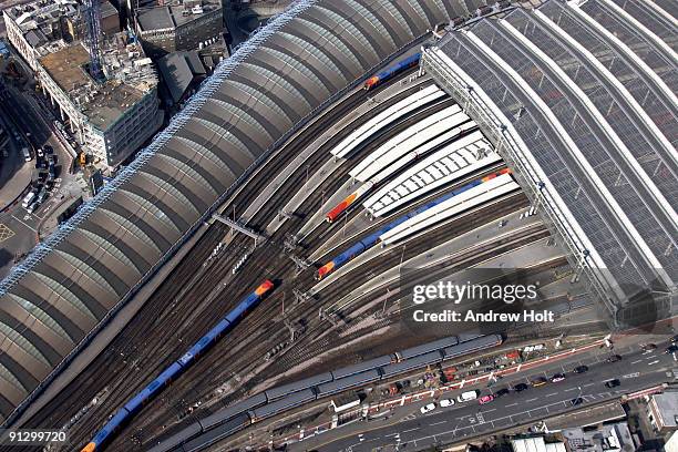 aerial view of waterloo train station - waterloo railway station london stock pictures, royalty-free photos & images