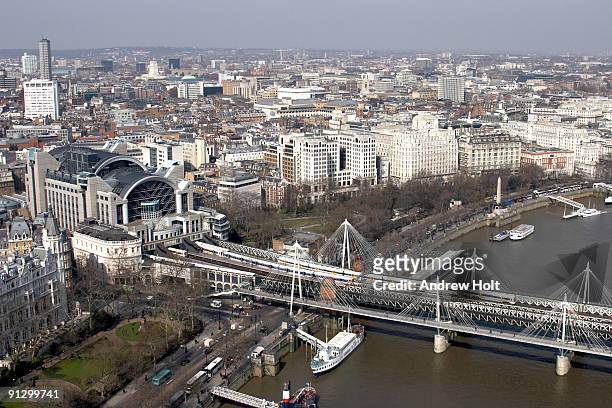 aerial of charing cross station, hungerford bridge - charing cross station stock-fotos und bilder