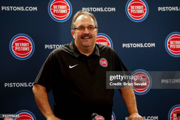 Stan Van Gundy of the Detroit Pistons helps introduce new players to the team during a press conference on January 31, 2018 at The Palace of Auburn...