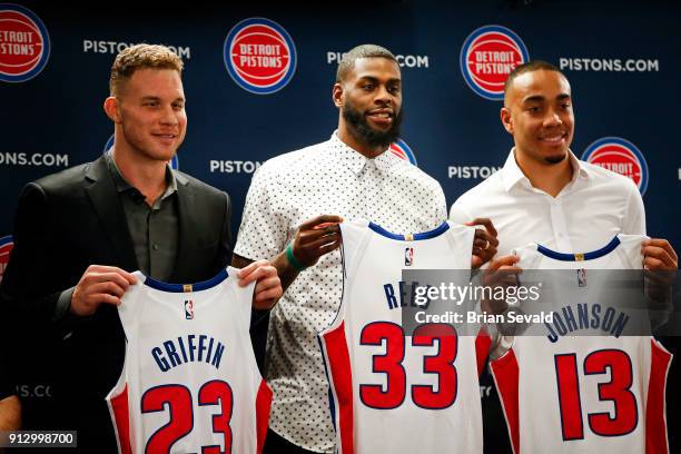 The Detroit Pistons introduce Blake Griffin, Brice Jonnson and Willie Reed to the team during a press conference on January 31, 2018 at The Palace of...