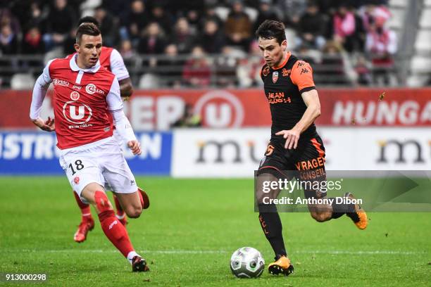 Remi Oudin of Reims and Vincent Le Goff of Lorient during the Ligue 2 match between Reims and Lorient on January 29, 2018 in Reims, France.