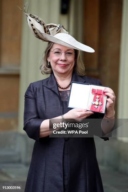 Jennifer Price Chief Executive, Sport England after she was awarded an MBE by the Prince of Wales during an Investiture ceremony at Buckingham Palace...