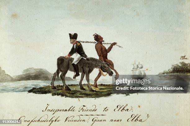 'Inseparable friends'. Satirical print about the exile of Napoleon on Elba and his escape. .