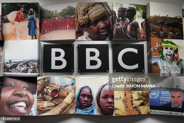 Logo of the British Broadcasting Corporation , the British public service broadcaster, is pictured at the East African Bureau on February 1, 2018...