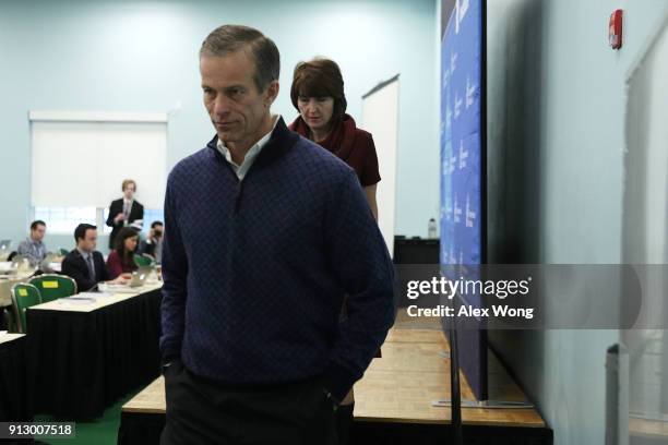 Senate Republican Conference Chairman Sen. John Thune and House Republican Conference Chair Rep. Cathy McMorris Rodgers leave after a news briefing...