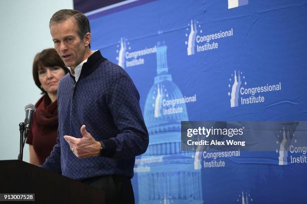 Senate Republican Conference Chairman Sen. John Thune and House Republican Conference Chair Rep. Cathy McMorris Rodgers hold a news briefing during...