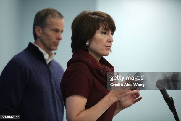 Senate Republican Conference Chairman Sen. John Thune and House Republican Conference Chair Rep. Cathy McMorris Rodgers hold a news briefing during...