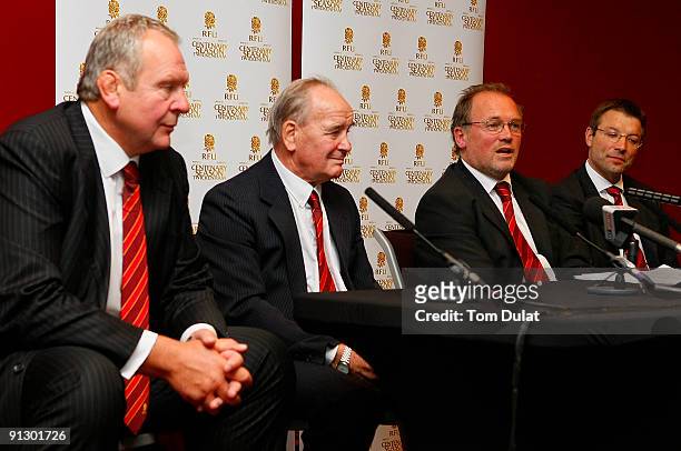 Bill Beaumont, Dickie Jeeps, Alastair Hignell and Rob Andrew talk to the media during the Twickenham Stadium Centenary Ambassadors Media Event at...