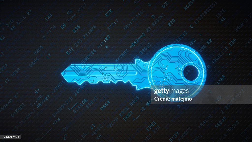 Blue circuitry digital key on encrypted data