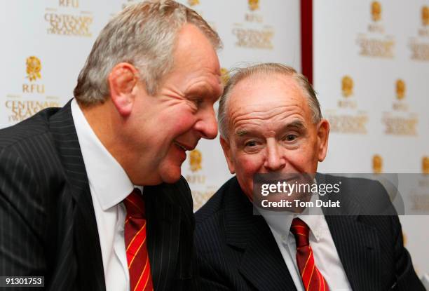 Bill Beaumont and Dickie Jeeps share a joke during the Twickenham Stadium Centenary Ambassadors Media Event at Twickenham Stadium on October 01, 2009...