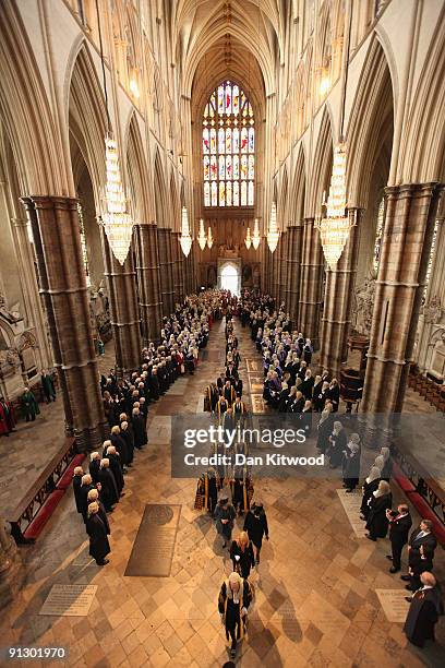 The new 11 Justices of the Supreme Court process into Westminster Abbey after being sworn in on October 1, 2009 in London, England. The Judges, who...