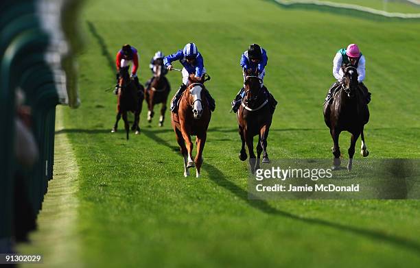 Richard Hills rides Akmal to win the Directa Signs Noel Murless Stakes at Newmarket Racecourse on October 1, 2009 in Newmarket, England.